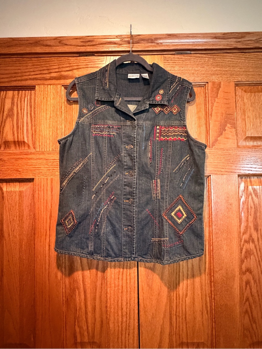 Chico’s Embellished Dark Denim Button-Up Vest - Boho- SW Aztec - Western